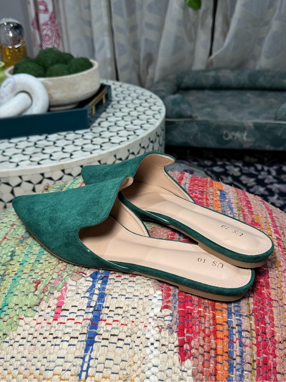 🦚 NEW Emerald Green Suede Pointed Toe Slip-On Mules 🦚 - Picture 5 of 6